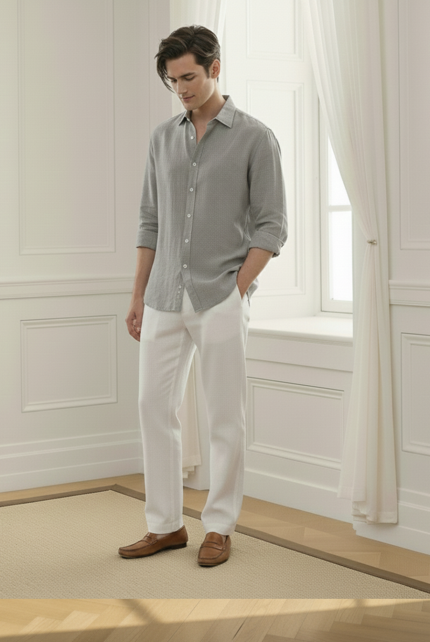Old Money Grey & White Classic Combo - Poly Linen 2-Piece Duo Set Shirt & Pants