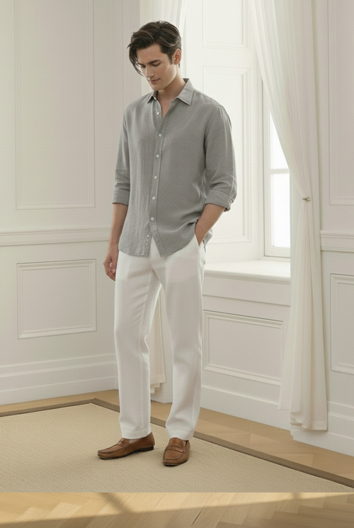 Old Money Grey & White Classic Combo - Poly Linen 2-Piece Duo Set Shirt & Pants
