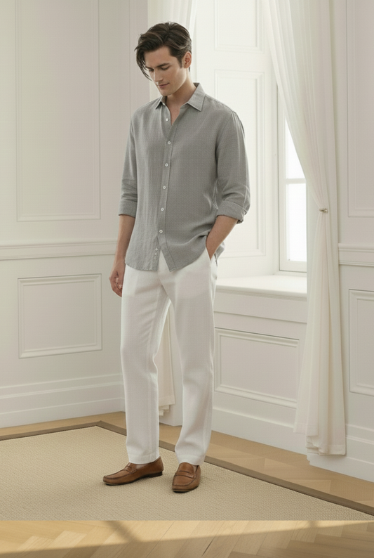 Old Money Grey & White Classic Combo - Poly Linen 2-Piece Duo Set Shirt & Pants