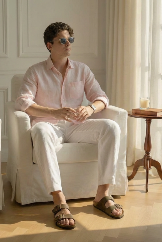 Old Money Pink & White Classic Combo - Cotton Linen 100% Cotton 2-Piece Duo Set Shirt & Pants