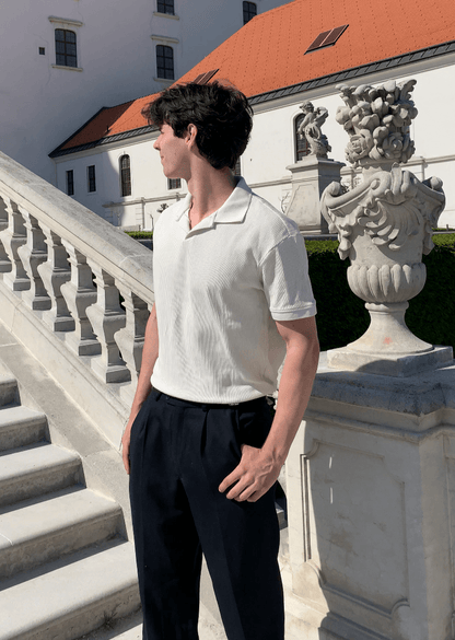 Old Money Woolen Structured Polo T-Shirt - Men's V-Neck Short Sleeve Classic Polo Shirt - Organically Grown Cotton