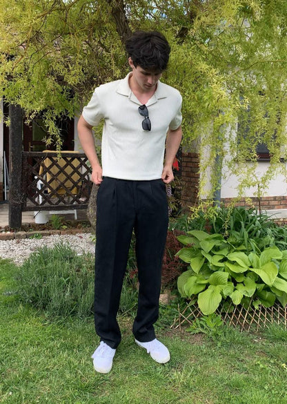 Old Money Woolen Structured Polo T-Shirt - Men's V-Neck Short Sleeve Classic Polo Shirt - Organically Grown Cotton