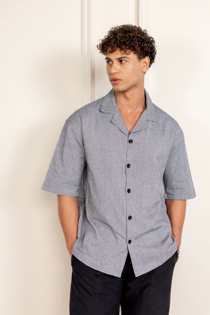 Old Money Cuban Collar Combo - Grey & Black Blended Linen 2-Piece Classic Duo Set Shirt & Pants