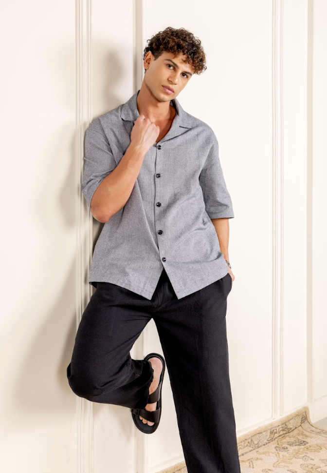 Old Money Cuban Collar Combo - Grey & Black Blended Linen 2-Piece Classic Duo Set Shirt & Pants