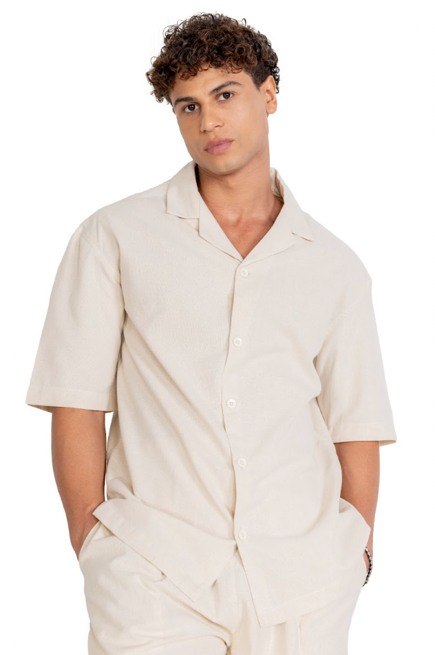 Old Money Cuban Collar Combo - Beige & Black Blended Linen 2-Piece Classic Duo Set Shirt & Pants
