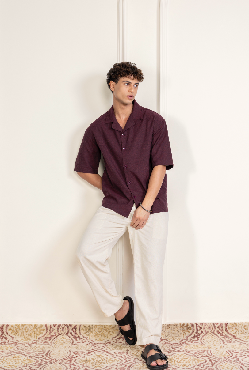 Old Money Cuban Combo - Maroon & Beige Blended Linen 2-Piece Classic Duo Set Shirt & Pants