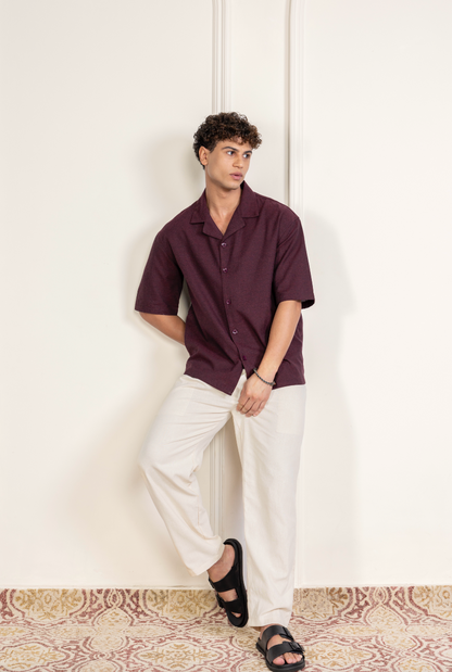 Old Money Cuban Combo - Maroon & Beige Blended Linen 2-Piece Classic Duo Set Shirt & Pants