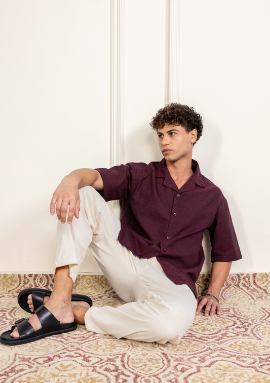 Old Money Cuban Combo - Maroon & Beige Blended Linen 2-Piece Classic Duo Set Shirt & Pants