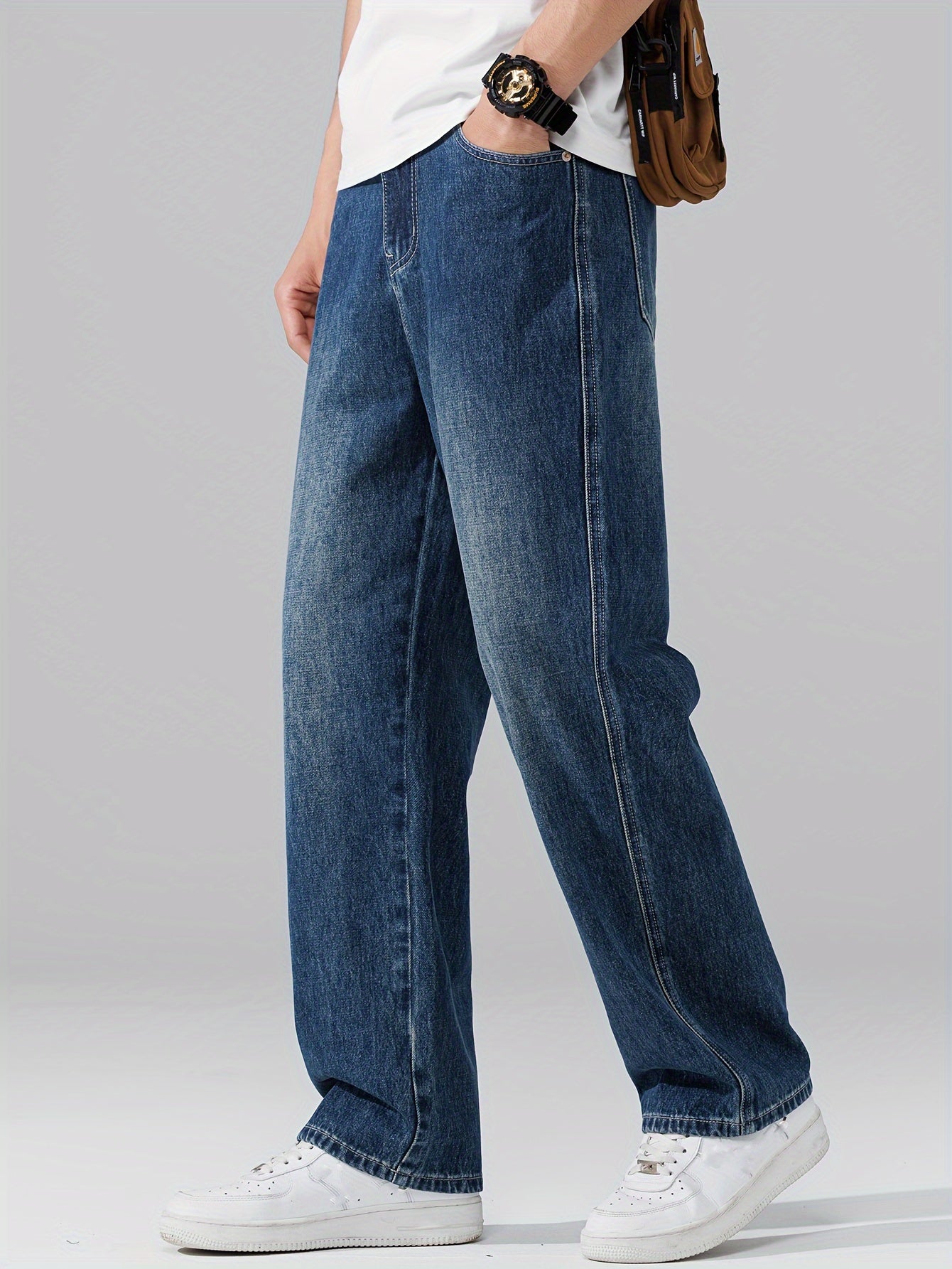 Autumn Vintage Jeans Men'S Straight Loose Spring Fall Trendy Fashion Washed Casual Trousers (Gengyuan Shi)