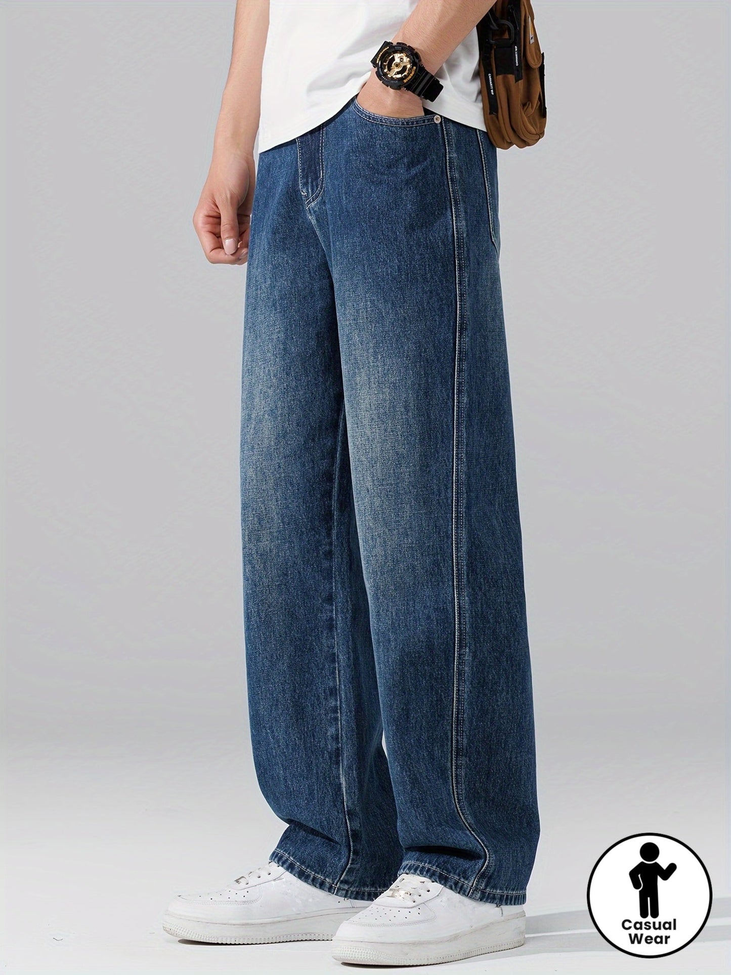 Autumn Vintage Jeans Men'S Straight Loose Spring Fall Trendy Fashion Washed Casual Trousers (Gengyuan Shi)