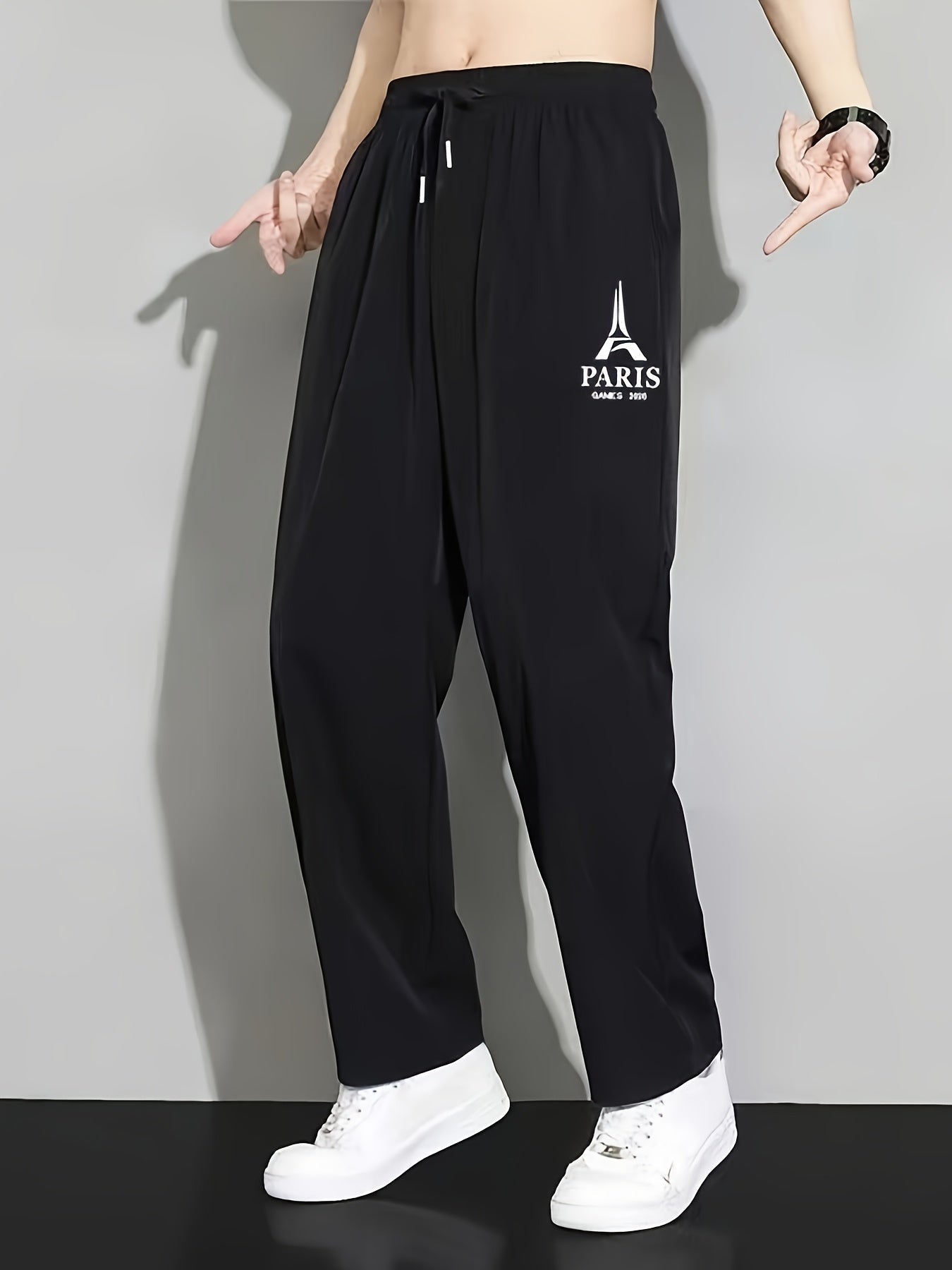 Summer Ice Silky Fiber Fabric Cool Straight-Leg Long Pants with Printed Pattern, Fashionable Trendy Casual Sportswear