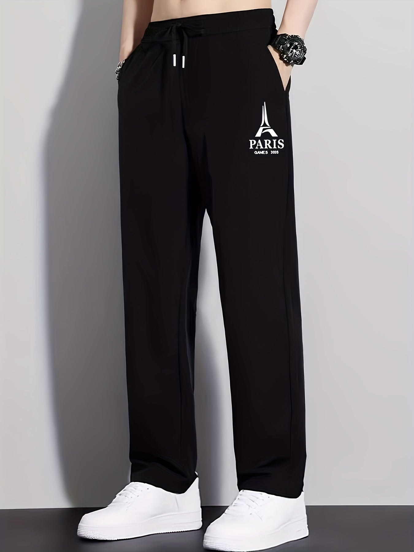 Summer Ice Silky Fiber Fabric Cool Straight-Leg Long Pants with Printed Pattern, Fashionable Trendy Casual Sportswear