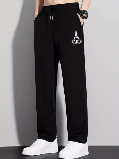 Summer Ice Silky Fiber Fabric Cool Straight-Leg Long Pants with Printed Pattern, Fashionable Trendy Casual Sportswear