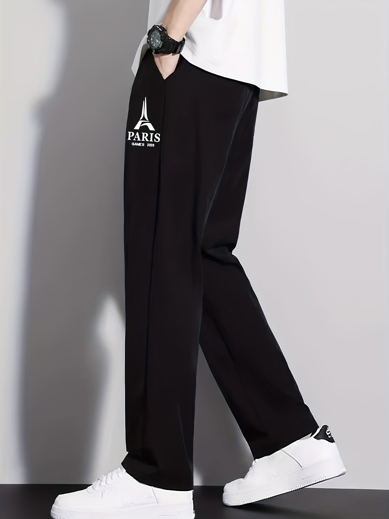 Summer Ice Silky Fiber Fabric Cool Straight-Leg Long Pants with Printed Pattern, Fashionable Trendy Casual Sportswear