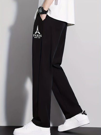 Summer Ice Silky Fiber Fabric Cool Straight-Leg Long Pants with Printed Pattern, Fashionable Trendy Casual Sportswear