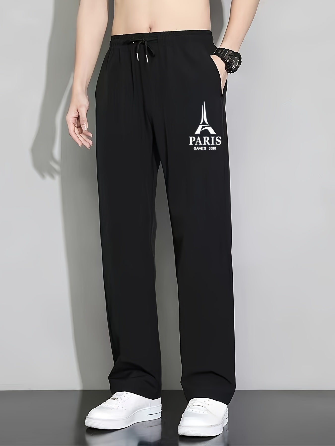 Summer Ice Silky Fiber Fabric Cool Straight-Leg Long Pants with Printed Pattern, Fashionable Trendy Casual Sportswear