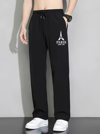 Summer Ice Silky Fiber Fabric Cool Straight-Leg Long Pants with Printed Pattern, Fashionable Trendy Casual Sportswear