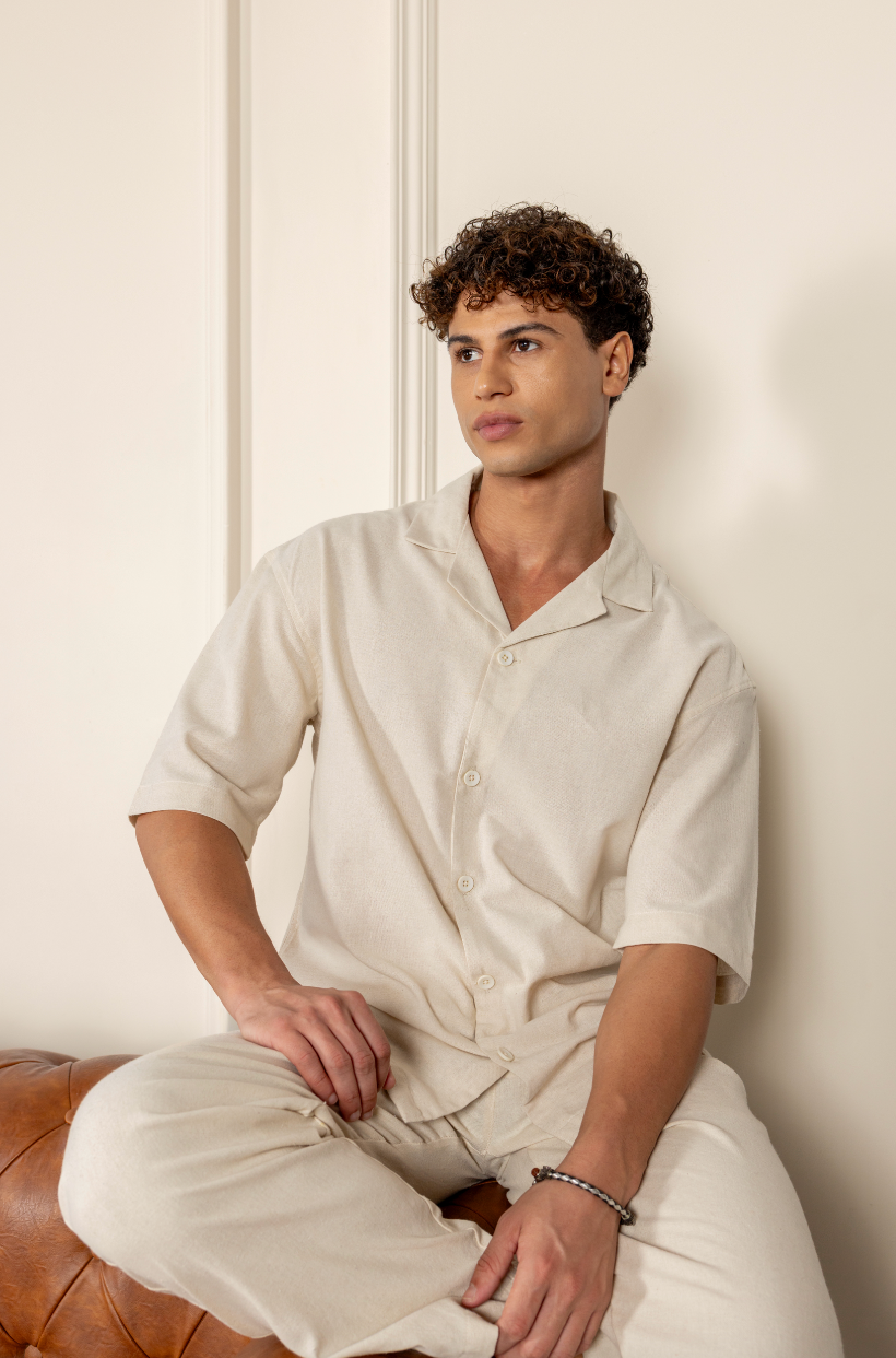 The Old Money Cuban Collar Combo - Beige Blended Linen 2-Piece Classic Duo Set Shirt & Pants