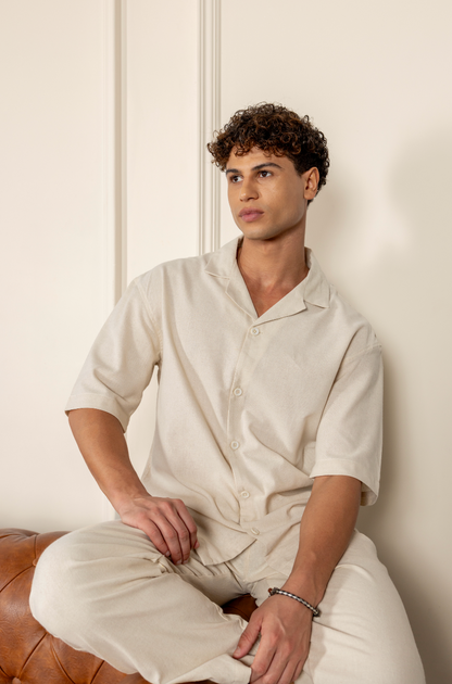 The Old Money Cuban Collar Combo - Beige Blended Linen 2-Piece Classic Duo Set Shirt & Pants