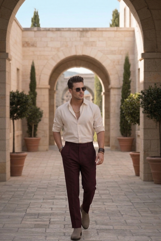 The Portofino Heritage Ensemble - Men's 2-Piece Set - Ecru Silk-Linen Blend Shirt & Deep Espresso Twill Pleated Cotton Trousers