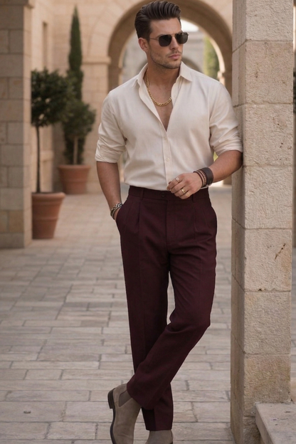 The Portofino Heritage Ensemble - Men's 2-Piece Set - Ecru Silk-Linen Blend Shirt & Deep Espresso Twill Pleated Cotton Trousers