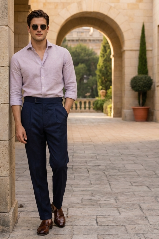 The Portofino Heritage Ensemble - Men's 2-Piece Set - Lavender Silk-Cotton Blend Shirt & Deep Navy Twill Pleated Cotton Trousers
