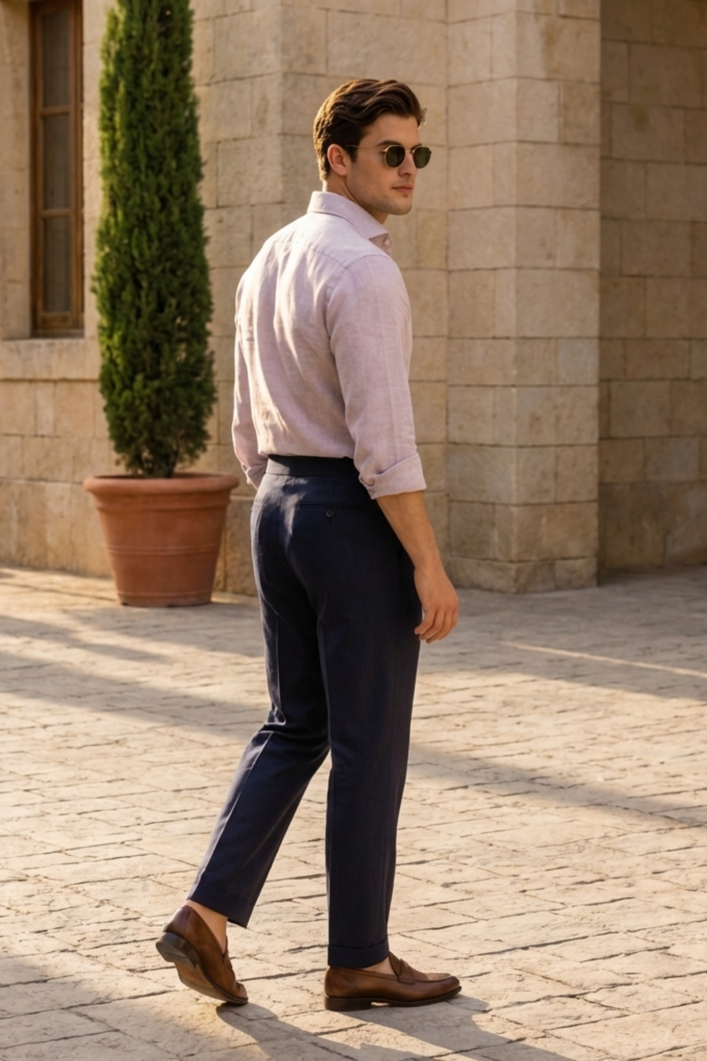 The Portofino Heritage Ensemble - Men's 2-Piece Set - Lavender Silk-Cotton Blend Shirt & Deep Navy Twill Pleated Cotton Trousers