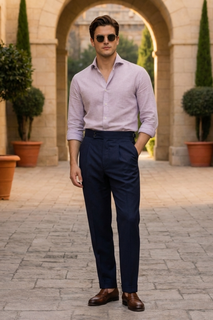 The Portofino Heritage Ensemble - Men's 2-Piece Set - Lavender Silk-Cotton Blend Shirt & Deep Navy Twill Pleated Cotton Trousers