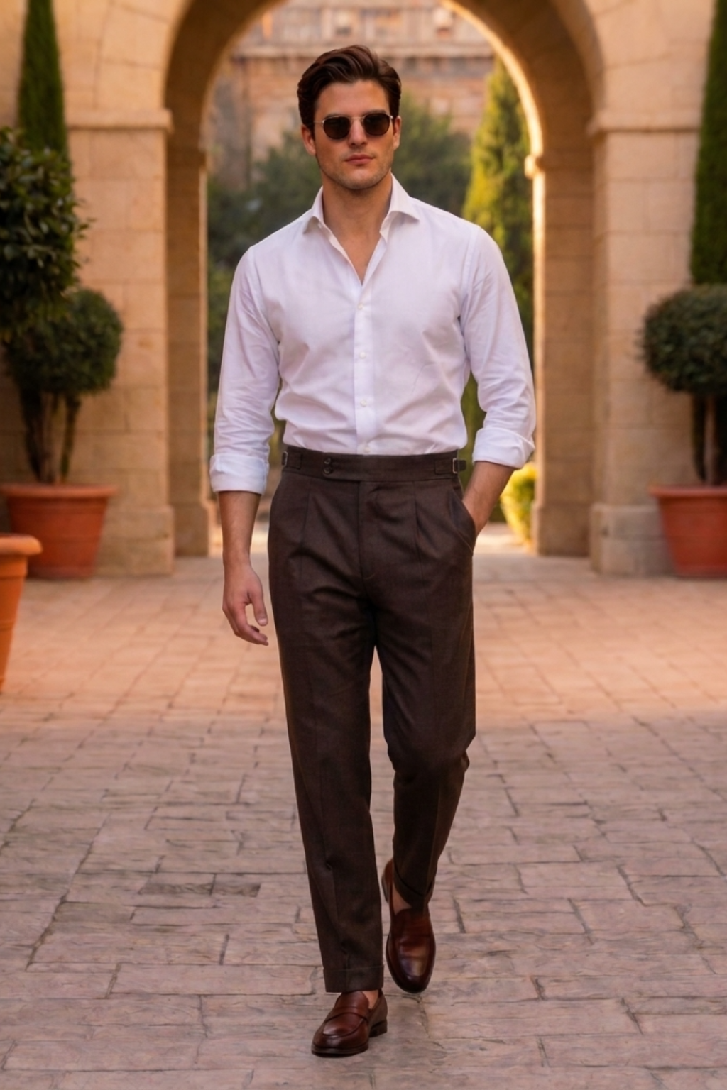The Portofino Heritage Set - Men's 2-Piece Ensemble - Optical White 100% Cotton Shirt & Espresso Brown High-Rise Pleated Trousers