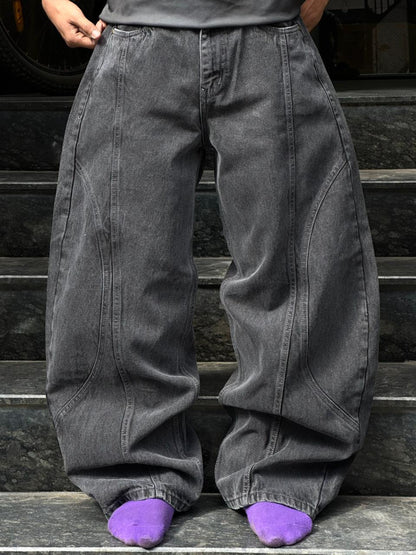 Vintage Washed Baggy Jeans - Loose Wide-Leg Fit Denim Pants - Faded Grey Premium Denim Streetwear