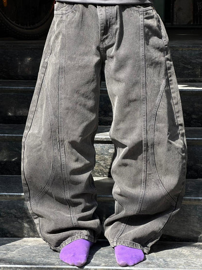 Vintage Washed Baggy Jeans - Loose Wide-Leg Fit Denim Pants - Faded Grey Premium Denim Streetwear