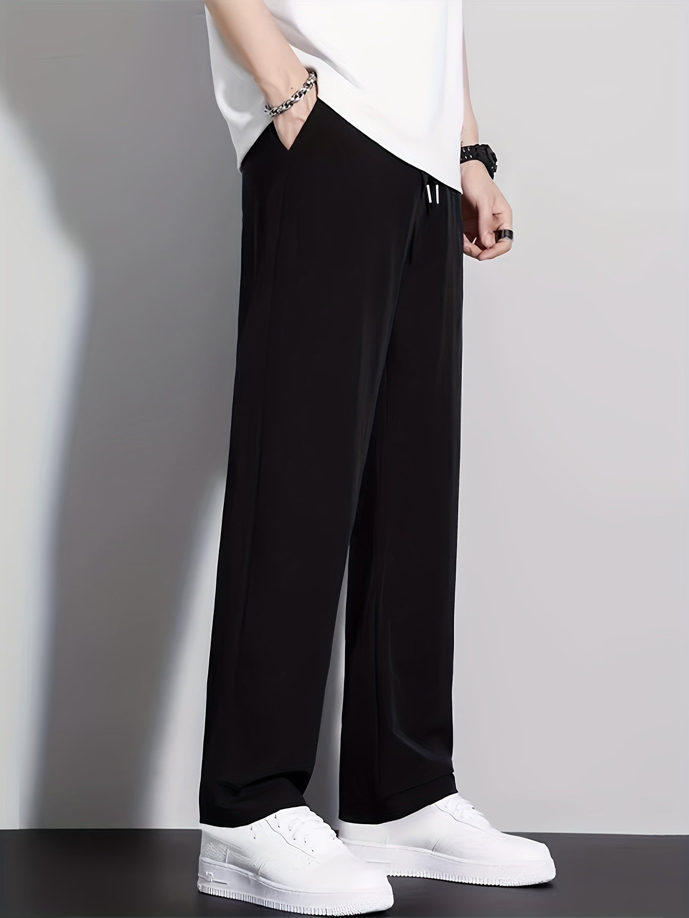 Summer Solid Ice Fiber Fabric Quick-Dry Casual Athletic Outdoor Straight Long Pants Elastic Waistband Drawstring