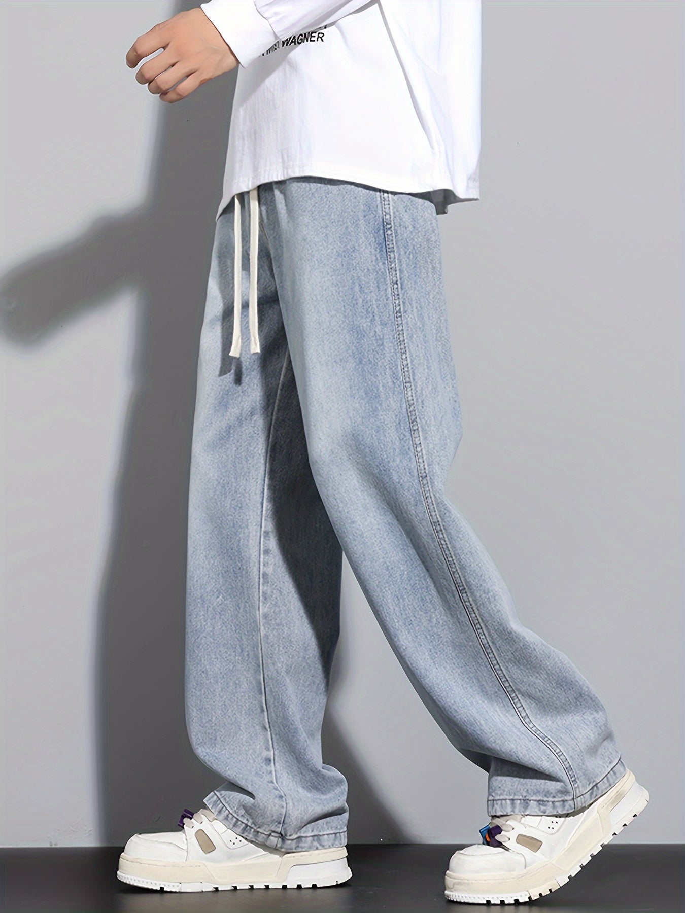 Men's Straight-Leg Relaxed Fit Non-Stretch Elastic Waistband Heavy Wash Salted Cat Whisker Five-Color Choice Jeans YG1133