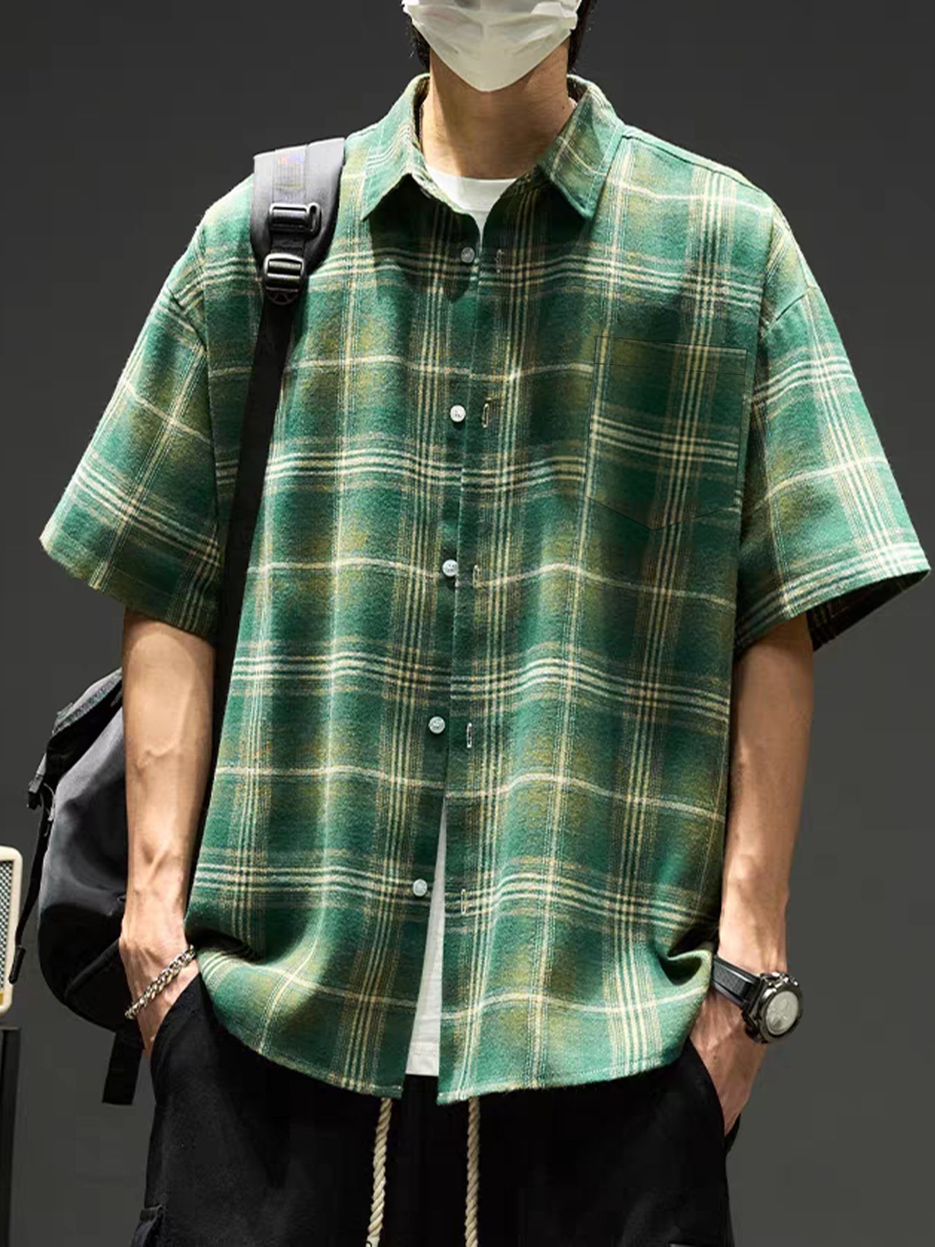 Men's American Vintage Style Green Plaid Short-Sleeve Shirt, Casual Lapel Collar, Trendy Outerwear Plaid Shirt