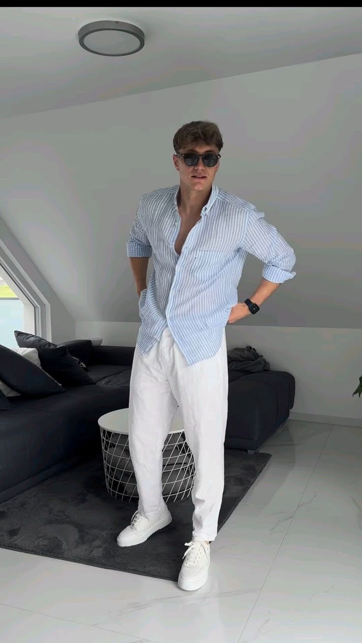 Old Money Stripes Classic Duo Set - Blue & Beige Blended Linen Shirt and Matching Pants