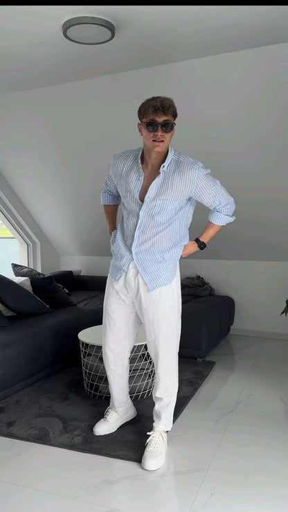 Old Money Stripes Classic Duo Set - Blue & Beige Blended Linen Shirt and Matching Pants