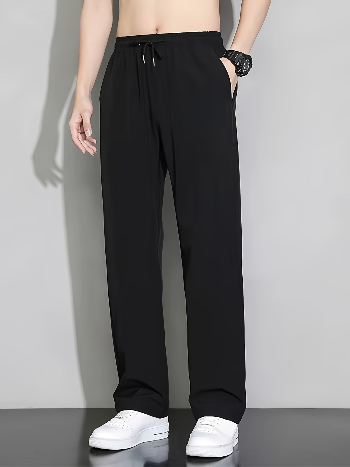 Summer Solid Ice Fiber Fabric Quick-Dry Casual Athletic Outdoor Straight Long Pants Elastic Waistband Drawstring