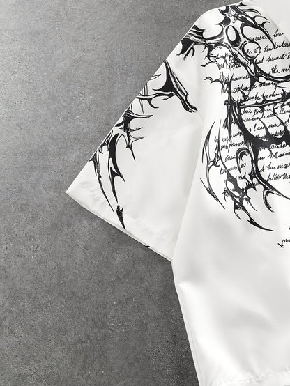 [Men's Print Shirt] Men's White Loose Casual Short Sleeve Button-Up Shirt with Print