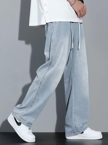 Men's Light Blue Washed Jeans - Non-Stretch Denim Pants with Drawstring Waist, Relaxed Fit for Everyday Streetwear, All-Season Casual Outfits - Teen & Adult Jeans, Comfortable Fashion, Mediumwaist Design