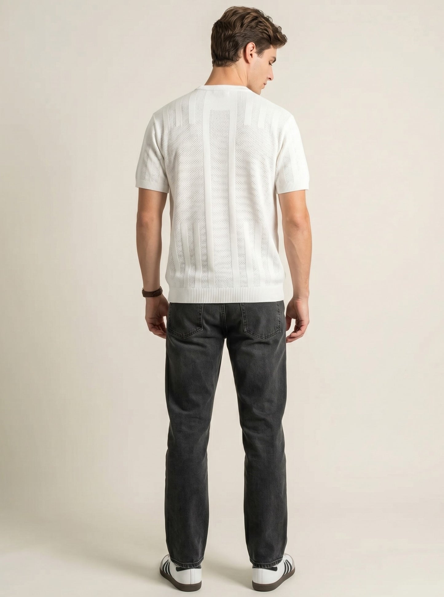 Ivory Textured Stripe Knit T-Shirt