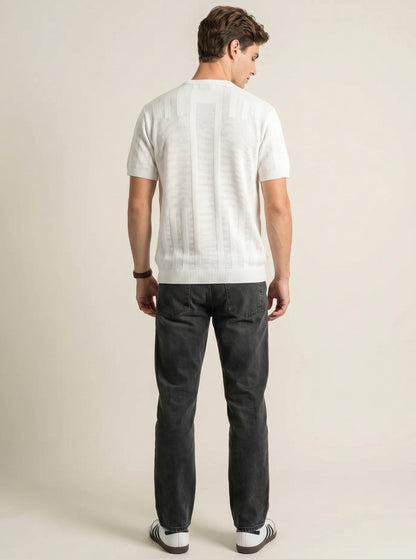 Ivory Textured Stripe Knit T-Shirt