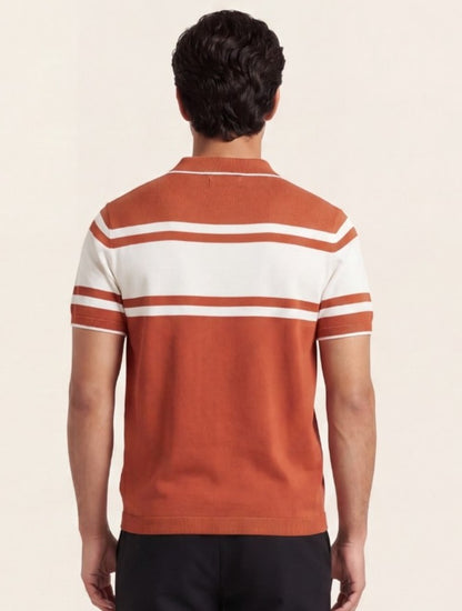 Rust Striped Knit Polo T-Shirt