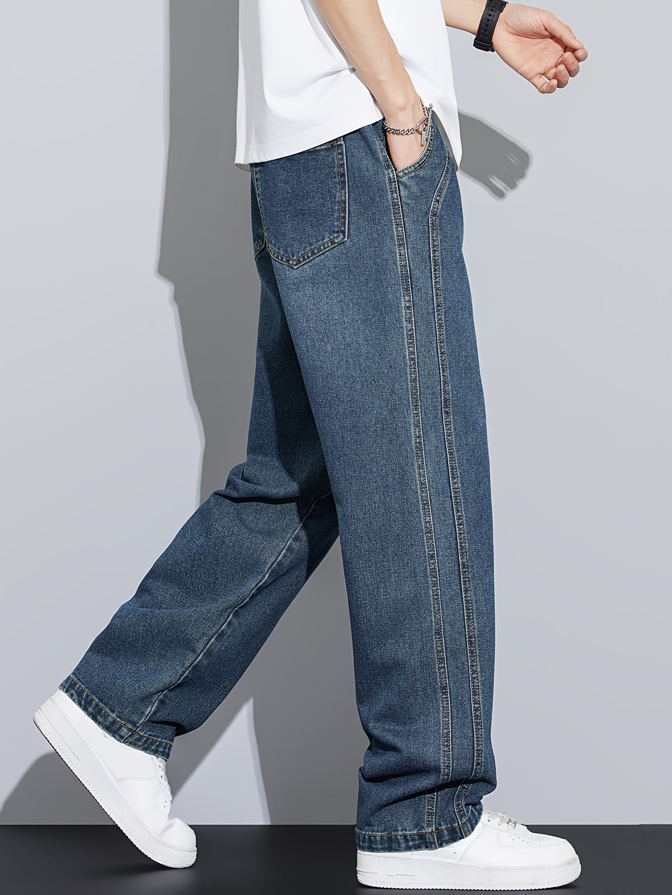 Men's Vintage Washed Blue Jeans - Heavy-Duty Straight-Leg Machine-Washable Pants for Casual, Office, Casual Attire (No-Stretch Non)