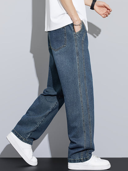 Men's Vintage Washed Blue Jeans - Heavy-Duty Straight-Leg Machine-Washable Pants for Casual, Office, Casual Attire (No-Stretch Non)