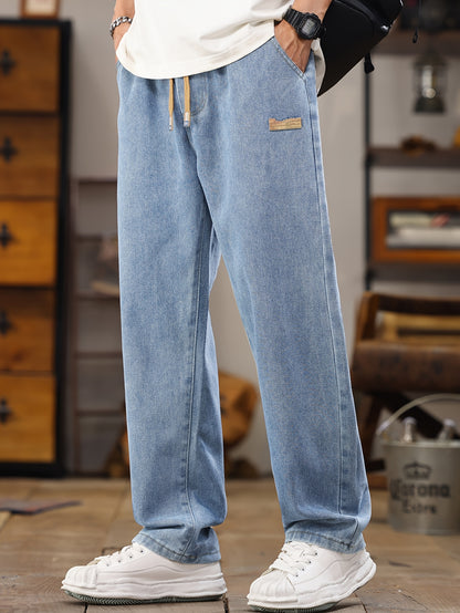 Men's Korean Style Light Blue Jeans 2025 Spring/Autumn New Washed Durable Comfortable Drawstring Straight-Leg Pants, Stylish and Versatile Casual Trousers Suitable for All Seasons by Gengyuan