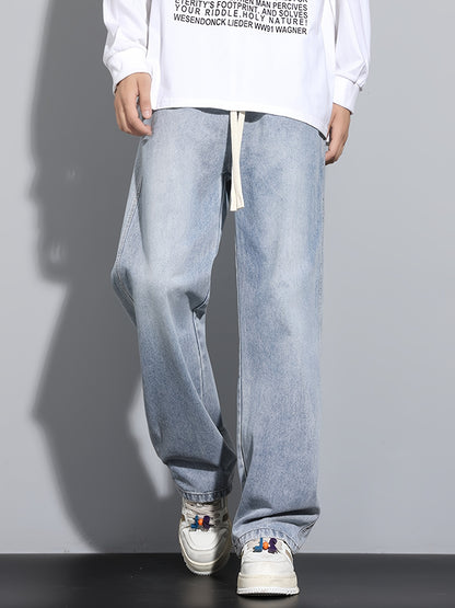Men's Straight-Leg Relaxed Fit Non-Stretch Elastic Waistband Heavy Wash Salted Cat Whisker Five-Color Choice Jeans YG1133