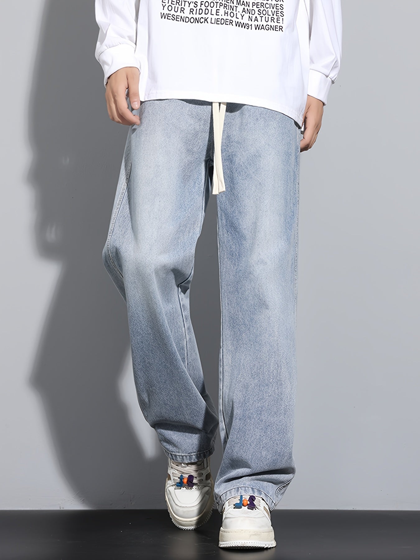 Men's Straight-Leg Relaxed Fit Non-Stretch Elastic Waistband Heavy Wash Salted Cat Whisker Five-Color Choice Jeans YG1133