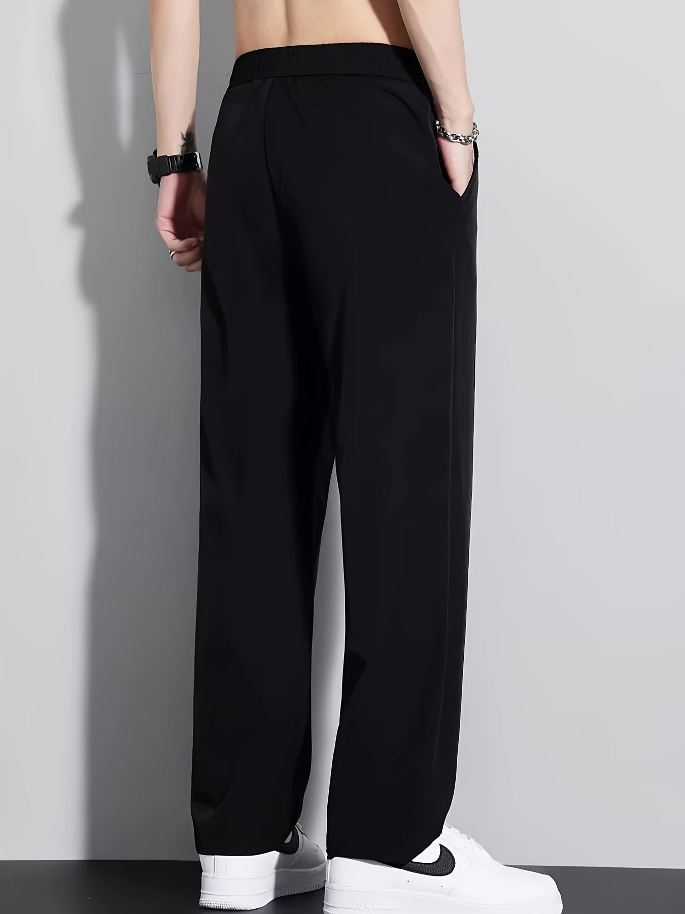 Summer Solid Ice Fiber Fabric Quick-Dry Casual Athletic Outdoor Straight Long Pants Elastic Waistband Drawstring