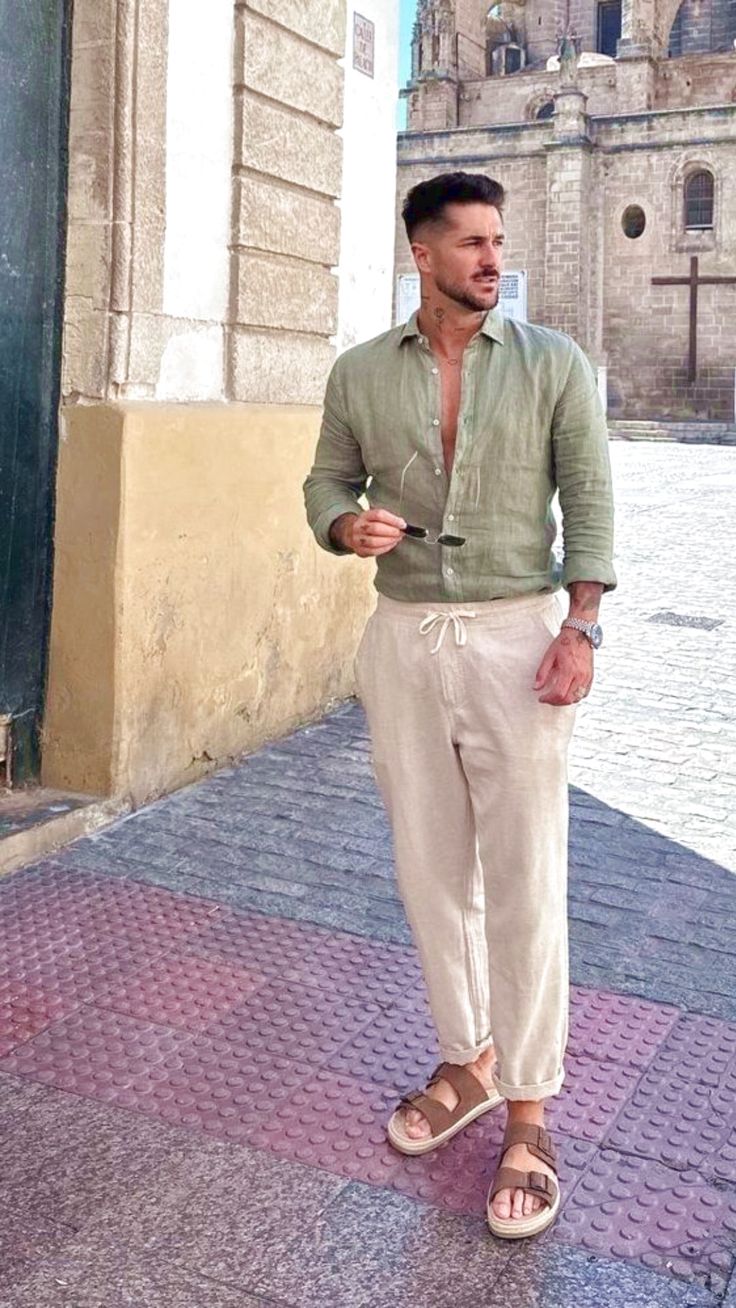 Old Money Olive Classic Shirt and Pants 2-Piece Duo Set - Poly Linen
