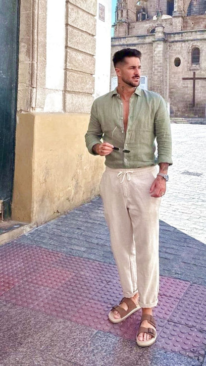 Old Money Olive Classic Shirt and Pants 2-Piece Duo Set - Poly Linen